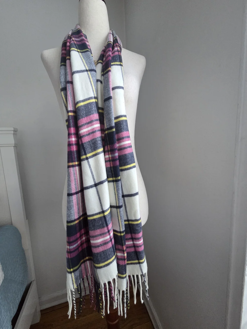 Lands' End Navy Plaid Scarf with Pink & Yellow Accents